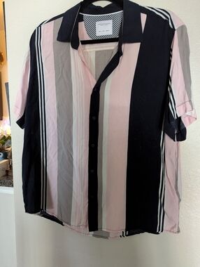 Men's Denim & Flower Striped Shirt in Pink, Black & Gray